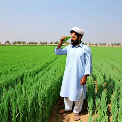 Home 19 ** A Pakistani farmer in a rural field, fully clothed in shalwar kameez, examining a healthy wheat crop using drip irrigation. The background shows a clear sky and green fields. Safe for work, appropriate content, perfect anatomy, professional, modest, family-friendly.
**