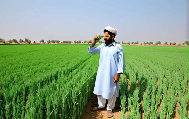 ** A Pakistani farmer in a rural field, fully clothed in shalwar kameez, examining a healthy wheat crop using drip irrigation. The background shows a clear sky and green fields. Safe for work, appropriate content, perfect anatomy, professional, modest, family-friendly.
**