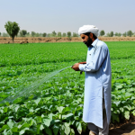**

"Pakistani farmer in a field, wearing modest clothing, inspecting a healthy crop using drip irrigation. Background shows lush green fields and a clear sky. Focus on sustainable agriculture, water conservation. Safe for work, appropriate content, fully clothed, professional, perfect anatomy, natural pose, high quality."

**
