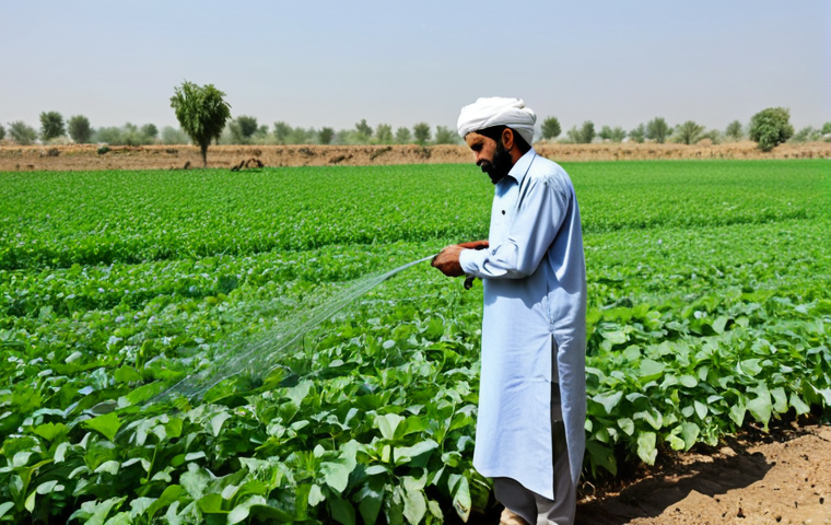 **
"Pakistani farmer in a field, wearing modest clothing, inspecting a healthy crop using drip irrigation. Background shows lush green fields and a clear sky. Focus on sustainable agriculture, water conservation. Safe for work, appropriate content, fully clothed, professional, perfect anatomy, natural pose, high quality."
**