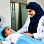**

A professional female doctor, wearing a hijab and a modest lab coat, fully clothed, attending to a young patient in a modern hospital setting. Safe for work, appropriate content, professional medical environment, perfect anatomy, natural proportions, family-friendly. The hospital should look clean and well-lit, with modern equipment visible in the background. She should be smiling gently, reassuring the child.

**