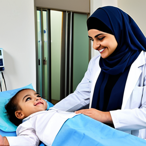 Home 8 **
A professional female doctor, wearing a hijab and a modest lab coat, fully clothed, attending to a young patient in a modern hospital setting. Safe for work, appropriate content, professional medical environment, perfect anatomy, natural proportions, family-friendly. The hospital should look clean and well-lit, with modern equipment visible in the background. She should be smiling gently, reassuring the child.
**