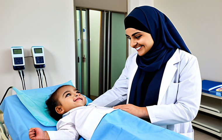 **
A professional female doctor, wearing a hijab and a modest lab coat, fully clothed, attending to a young patient in a modern hospital setting. Safe for work, appropriate content, professional medical environment, perfect anatomy, natural proportions, family-friendly. The hospital should look clean and well-lit, with modern equipment visible in the background. She should be smiling gently, reassuring the child.
**