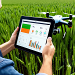**Agricultural Drone Inspection:** "A young farmer, fully clothed in work attire, using a drone to inspect a healthy-looking wheat field. The scene is set during a sunny day on a modern farm. Focus on the drone in flight and the farmer observing a tablet displaying crop data. safe for work, appropriate content, professional, perfect anatomy, natural proportions, well-formed hands, proper finger count, modest clothing."