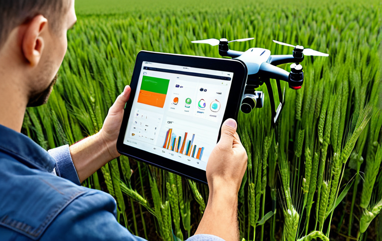 **Agricultural Drone Inspection:** "A young farmer, fully clothed in work attire, using a drone to inspect a healthy-looking wheat field. The scene is set during a sunny day on a modern farm. Focus on the drone in flight and the farmer observing a tablet displaying crop data. safe for work, appropriate content, professional, perfect anatomy, natural proportions, well-formed hands, proper finger count, modest clothing."