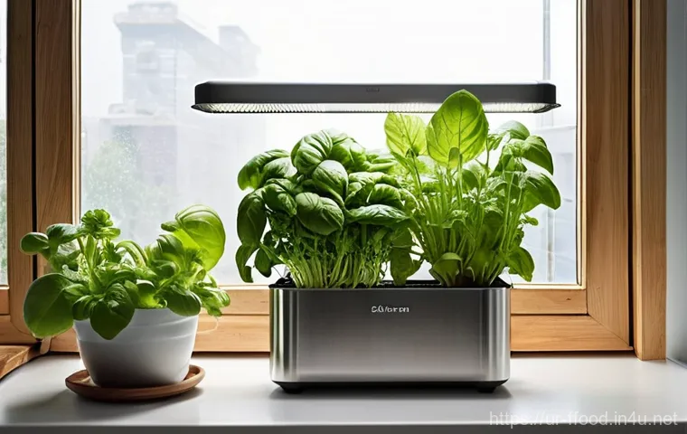 수경재배 기술 혁신 - **Home Hydroponics Garden in a Bright Kitchen:** A vibrant and inviting scene of a compact hydroponi...