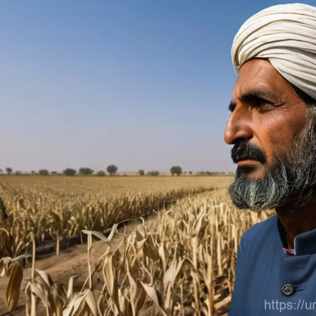 기후 변화의 식량 안보 영향 - **Prompt:** A weathered, middle-aged Pakistani farmer, dressed in a traditional shalwar kameez and a...