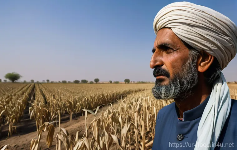 기후 변화의 식량 안보 영향 - **Prompt:** A weathered, middle-aged Pakistani farmer, dressed in a traditional shalwar kameez and a...