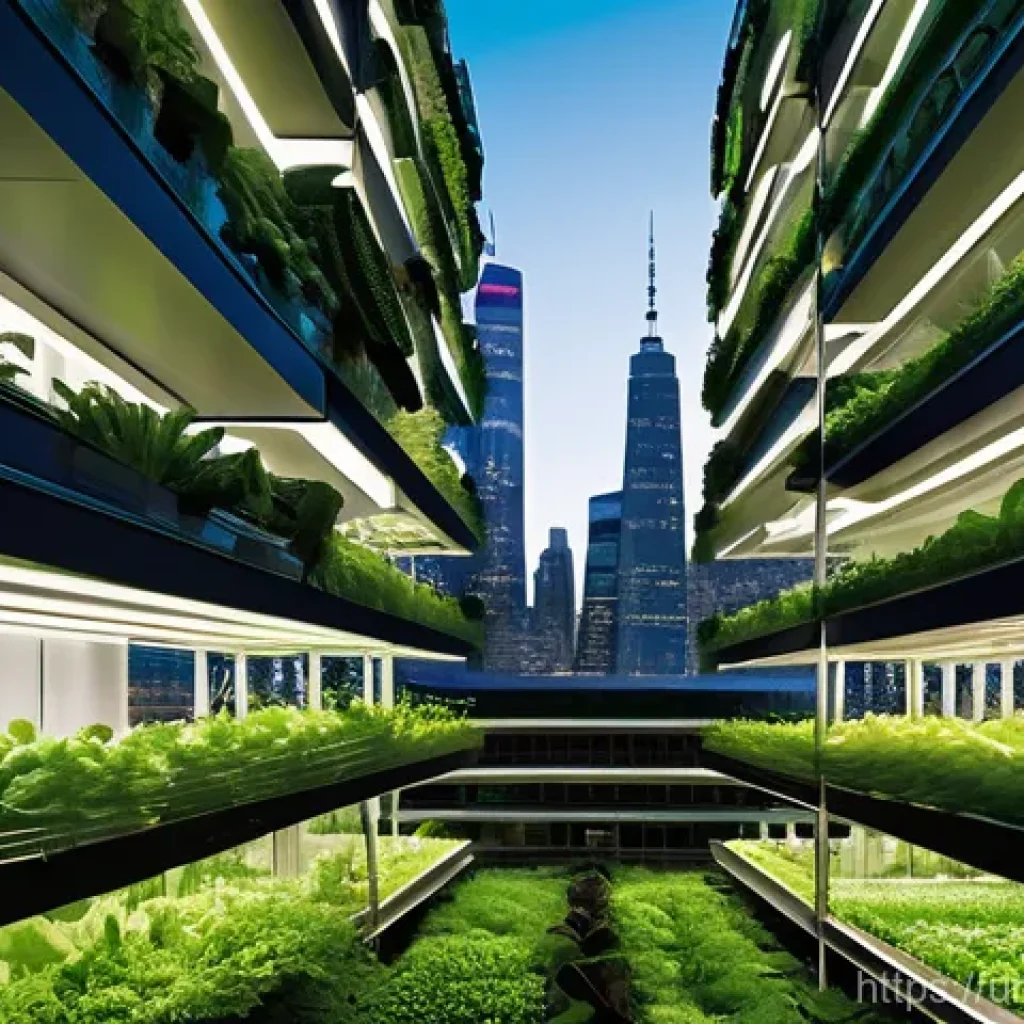 미래식량의 생산 가능성 - **Prompt 1: Urban Vertical Farm Oasis**
"A vibrant, futuristic cityscape at dusk, featuring towe...