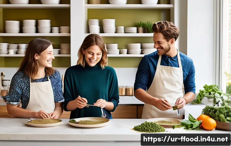 식용 곤충을 활용한 스낵 - **Prompt:** "A brightly lit, modern and inviting kitchen scene, where a diverse group of young adult...