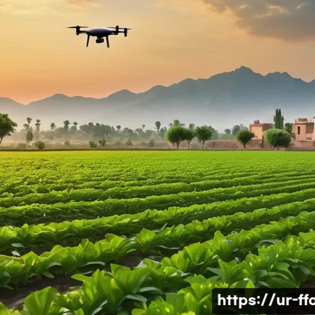 세계 식량 부족 문제 해결 방안 - A vibrant, detailed scene of a modern Pakistani farm field at sunrise with an automated drone flying...