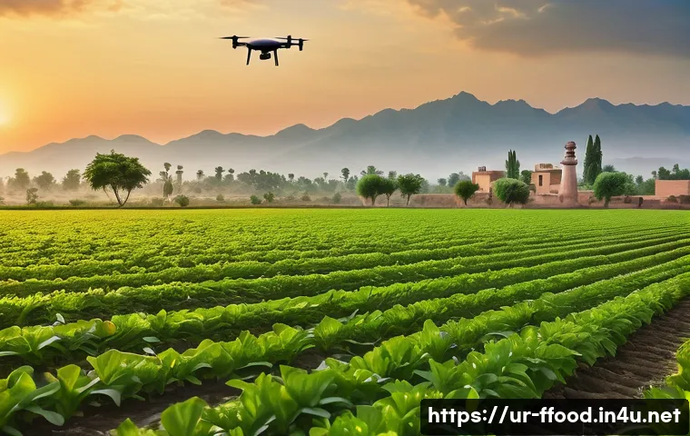 세계 식량 부족 문제 해결 방안 - A vibrant, detailed scene of a modern Pakistani farm field at sunrise with an automated drone flying...