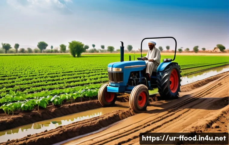 인구 증가에 대비한 식량 생산 전략 - A vibrant rural Pakistani farm scene showcasing a farmer using modern agricultural techniques: the f...