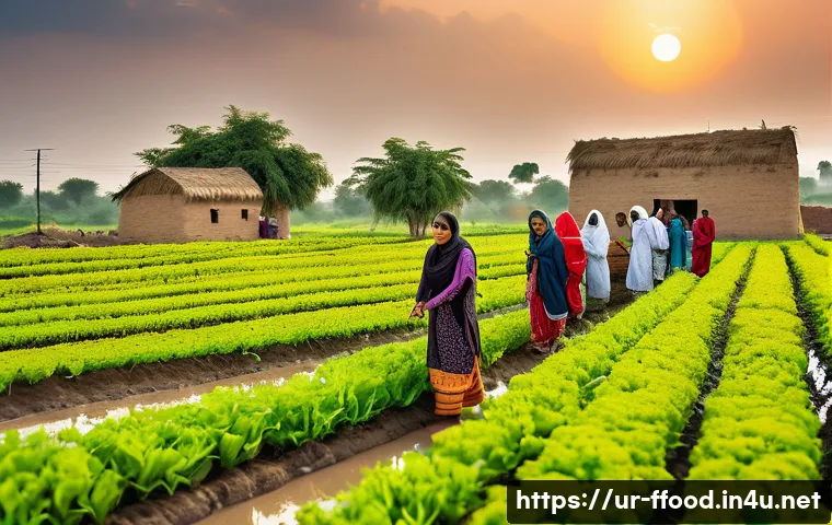 국제식량기구 FAO 정책 - A vibrant rural agricultural scene in Pakistan showing diverse farmers including women wearing tradi...