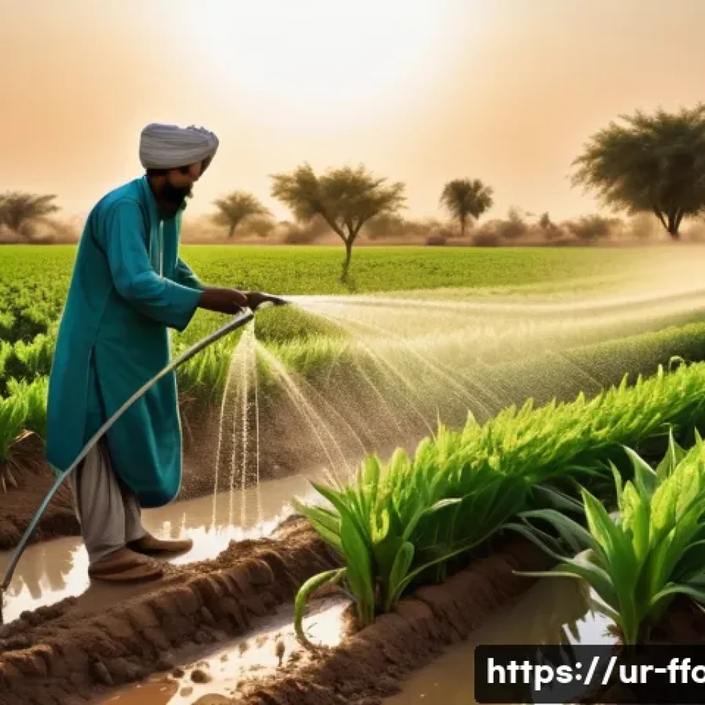 농업에서의 물 절약 기술 - A detailed agricultural scene in rural Pakistan showcasing micro-irrigation technology: vibrant gree...