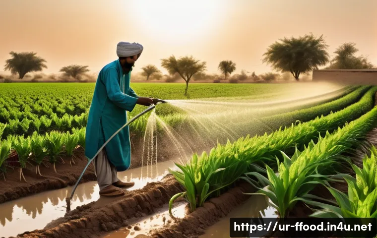 농업에서의 물 절약 기술 - A detailed agricultural scene in rural Pakistan showcasing micro-irrigation technology: vibrant gree...
