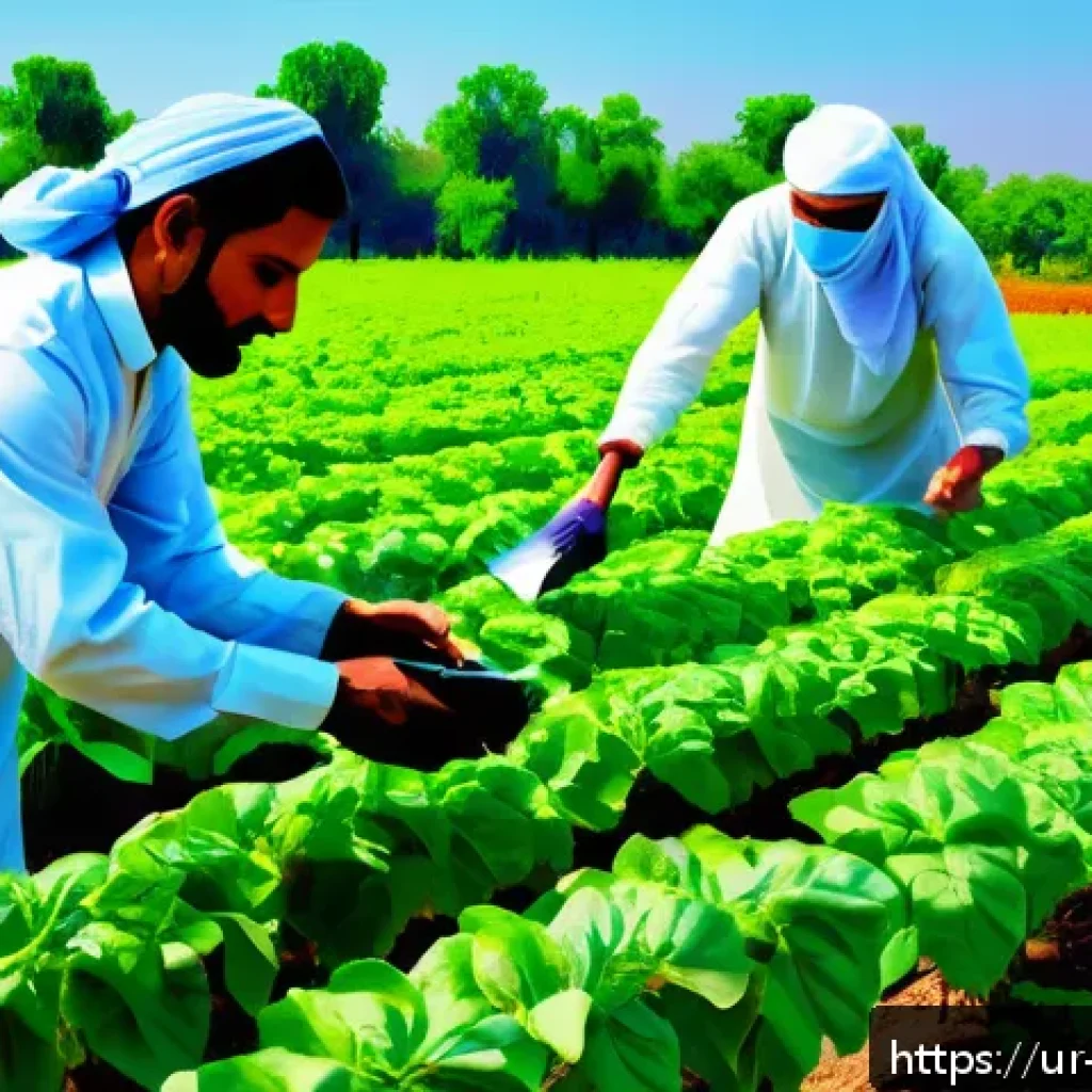 곤충 사육 기술 혁신 - A vibrant rural Pakistani farm scene showcasing modern biological pest control methods: farmers in t...