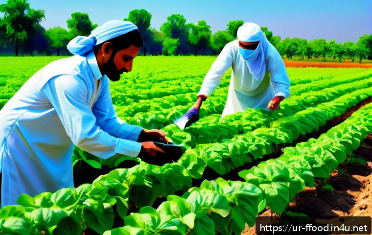 곤충 사육 기술 혁신 - A vibrant rural Pakistani farm scene showcasing modern biological pest control methods: farmers in t...