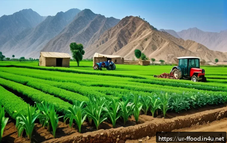 식량 안보를 위한 국가 정책 - A vibrant and detailed scene of Pakistani farmers using modern agricultural machinery in a lush gree...