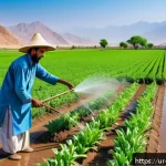 Home 19 기후 변화와 농업의 미래 - A vibrant agricultural field in rural Pakistan during a sunny day, showing a local farmer wearing tr...