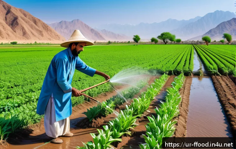 기후 변화와 농업의 미래 - A vibrant agricultural field in rural Pakistan during a sunny day, showing a local farmer wearing tr...