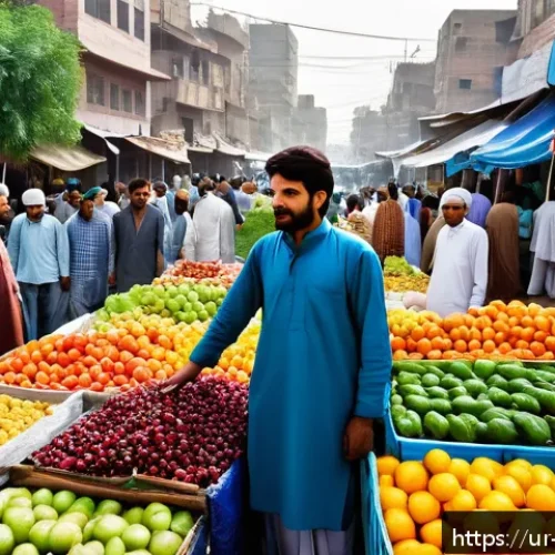 Home 30 도시화와 식량 수요 - A vibrant urban farmers' market scene in a busy Pakistani city, showing local farmers in traditional...
