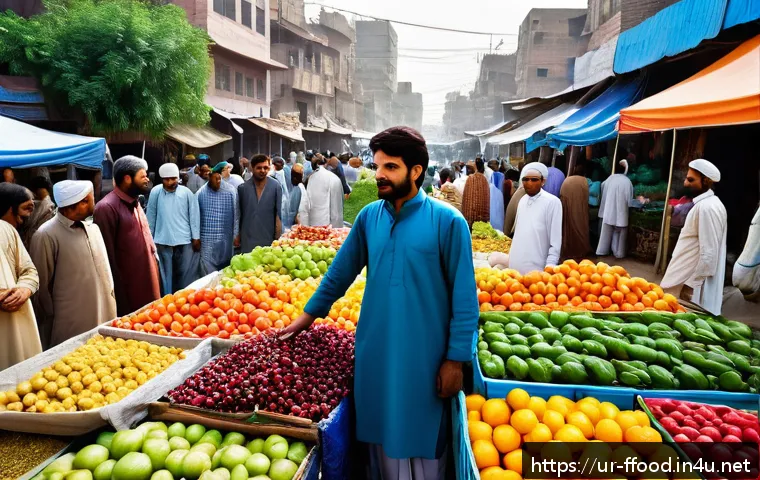 도시화와 식량 수요 - A vibrant urban farmers' market scene in a busy Pakistani city, showing local farmers in traditional...