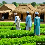 Home 23 식량 안보와 국가 경제 - A vibrant rural Pakistani farming scene showing local farmers in traditional clothing working togeth...