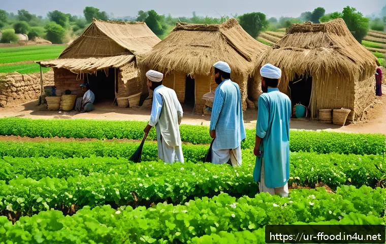 식량 안보와 국가 경제 - A vibrant rural Pakistani farming scene showing local farmers in traditional clothing working togeth...
