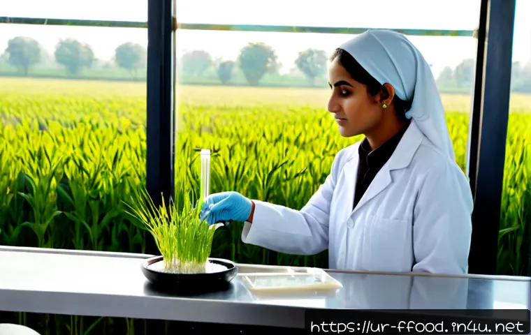 Home 17 미래식량의 유전자 조작 기술 - Photorealistic modern agricultural biotechnology laboratory in Pakistan, a Pakistani female scientis...