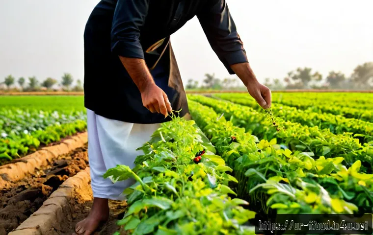 Home 17 곤충을 활용한 지속 가능한 농업 - Photorealistic sustainable farming scene in rural Punjab, Pakistan, a Pakistani farmer in modest sha...